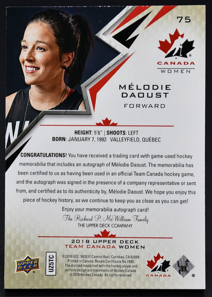 2018-19 UD Team Canada Juniors Auto Patch Melodie Daoust 75 Auto 064/199 Patch