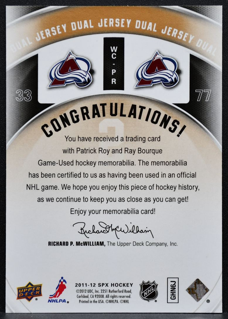 2011-12 SPx Winning Combos Patrick Roy/Ray Bourque WC-PR Avalanche Jersey 6293