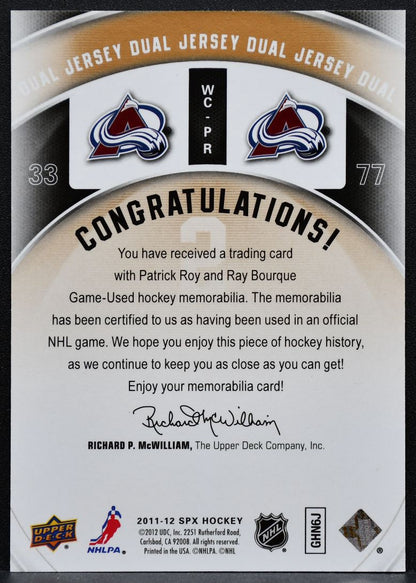 2011-12 SPx Winning Combos Patrick Roy/Ray Bourque WC-PR Avalanche Jersey 6293
