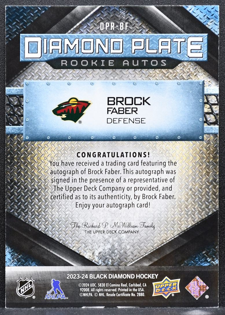 2023-24 UD Black Diamond Plate Rookie Autos Brock Faber Wild RC Auto 25/25 8167