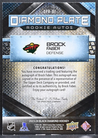 2023-24 UD Black Diamond Plate Rookie Autos Brock Faber Wild RC Auto 25/25 8167