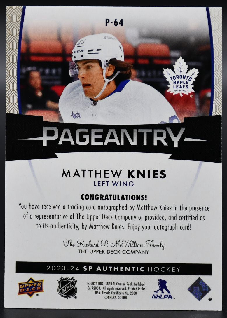 2023-24 SP Authentic Matthew Knies P-64 Toronto Maple Leafs Auto