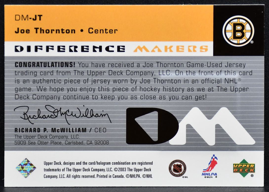 2002-03 Upper Deck Difference Makers Joe Thornton DM-JT Bruins Jersey 3343