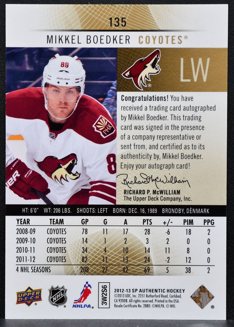 2012-13 SP Authentic Limited Auto Mikkel Boedker 135 Phoenix Coyotes Auto 0279