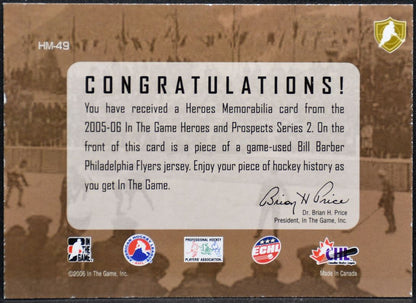 2005-06 ITG Heroes and Prospects Heroes Memorabilia Bill Barber Jersey 2461