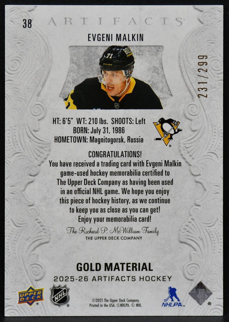 2025-26 UD Artifacts Gold Material Evgeni Malkin 38 Penguins 231/299 Jersey 3138