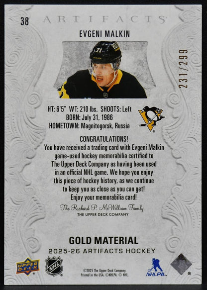 2025-26 UD Artifacts Gold Material Evgeni Malkin 38 Penguins 231/299 Jersey 3138
