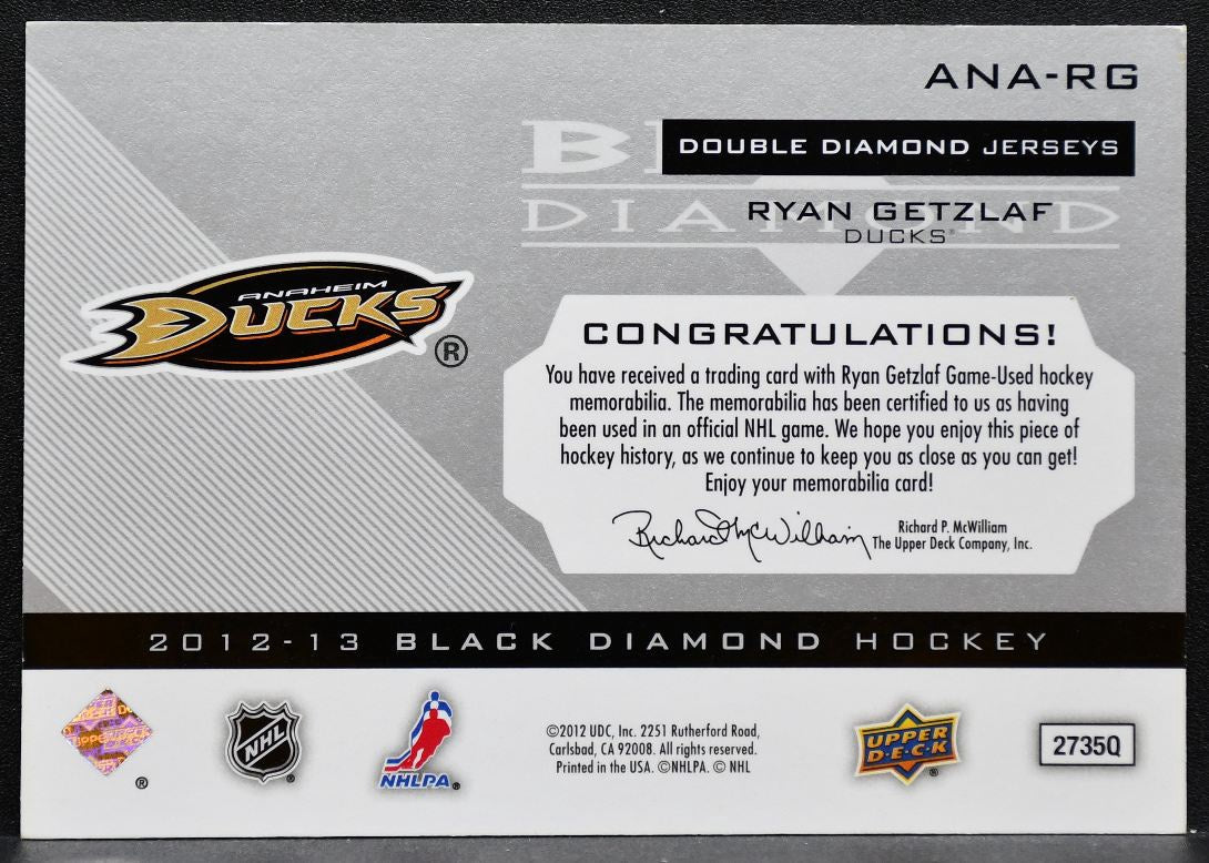2012-13 Upper Deck Black Diamond Dual Jerseys Ryan Getzlaf Ducks Jersey 9853