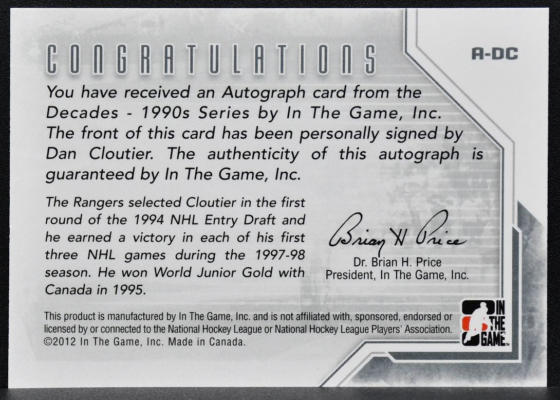 2012-13 In The Game Decades 1990s Autographs Dan Cloutier A-DC Auto 9927