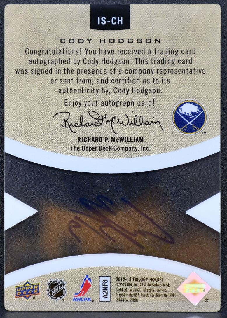 2012-13 Upper Deck Trilogy Ice Scripts Cody Hodgson IS-CH Sabres Auto 0539