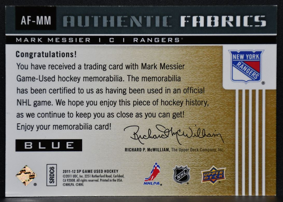 2011-12 SP Game Used Authentic Fabrics Mark Messier AF-MM Rangers Jersey 4473
