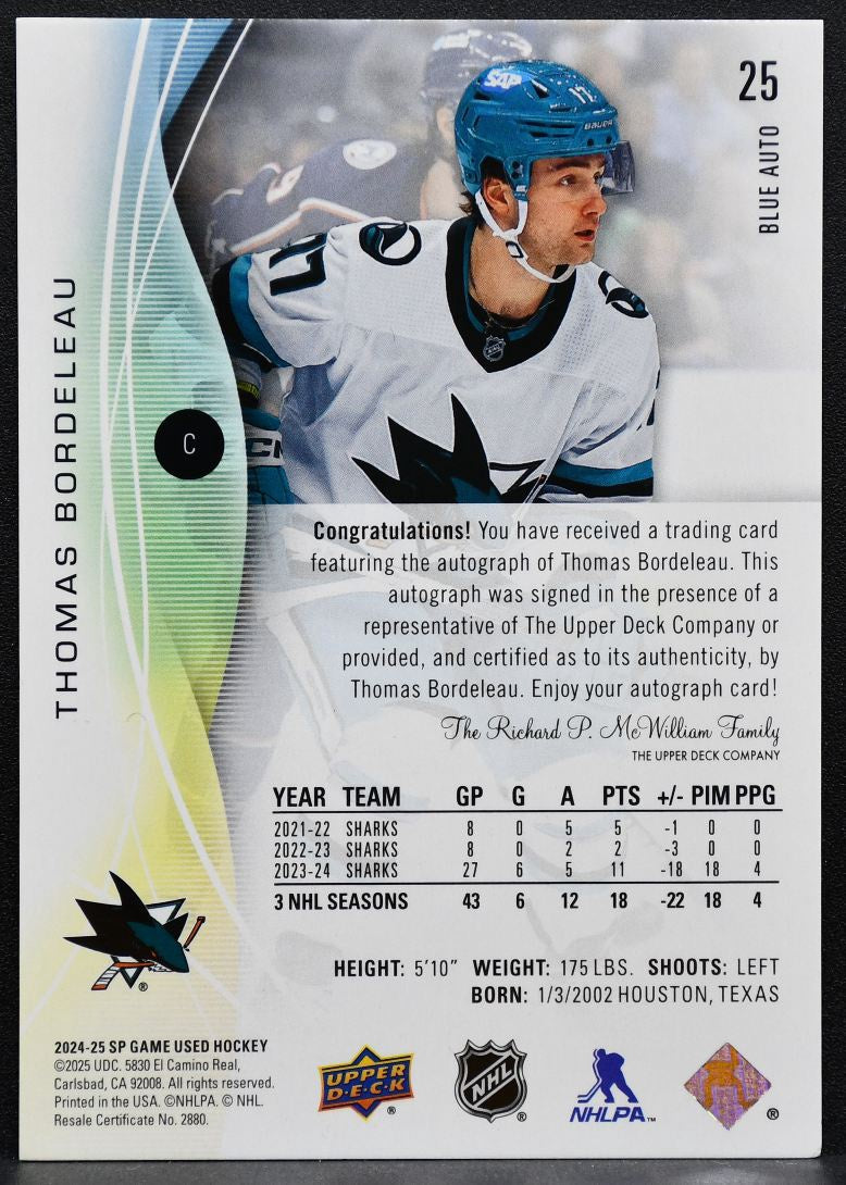 2024-25 SP Game Used Blue Auto Thomas Bordeleau 25 San Jose Sharks Auto 2256