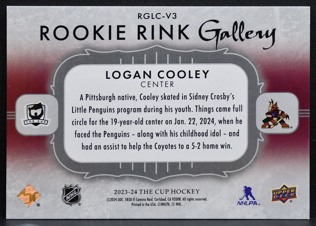 2023-24 UD The Cup Rookie Rink Gallery Logan Cooley Coyotes RC 34/99 0818