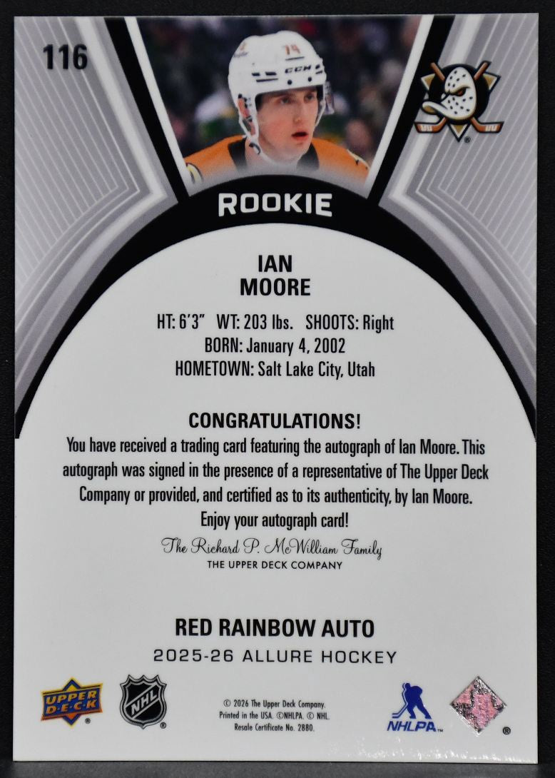 2025-26 Upper Deck Allure Red Rainbow Auto Ian Moore 116 Anaheim Ducks RC Auto 5419