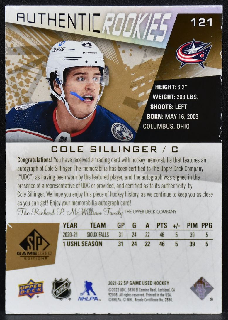 2021-22 SP Game Used Authentic  Sillinger Blue Jackets RC Auto 60/99 Jersey 4821