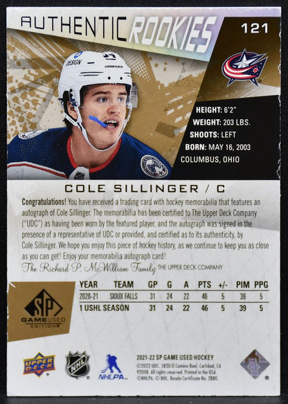 2021-22 SP Game Used Authentic  Sillinger Blue Jackets RC Auto 60/99 Jersey 4821