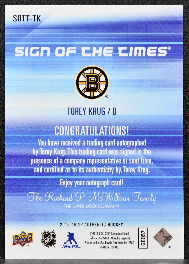 2015-16 SP Authentic Sign of the Times Torey Krug SOTT-TK Bruins Auto 7804