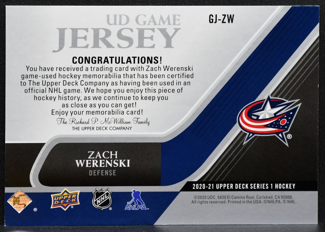 2020-21 Upper Deck Series 1 UD Game Jersey Zach Werenski GJ-ZW Blue Jackets 4176