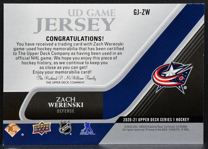 2020-21 Upper Deck Series 1 UD Game Jersey Zach Werenski GJ-ZW Blue Jackets 4176