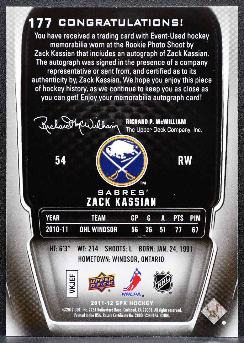 2011-12 SPx Rookie Jersey Auto Zack Kassian 177 Sabres RC Auto 223/799 2119