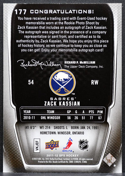 2011-12 SPx Rookie Jersey Auto Zack Kassian 177 Sabres RC Auto 223/799 2119
