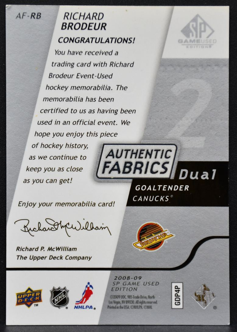 2008-09 SP Game Used Authentic Fabrics Dual Richard Brodeur AF-RB Canucks Jersey 2561