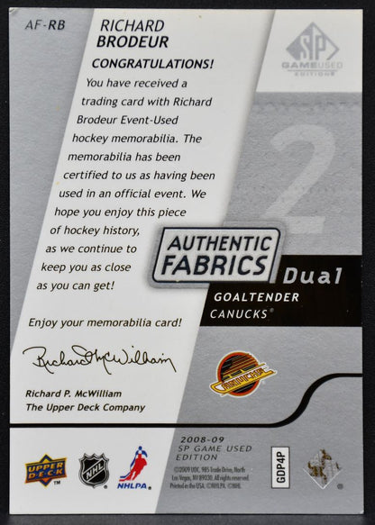 2008-09 SP Game Used Authentic Fabrics Dual Richard Brodeur AF-RB Canucks Jersey 2561