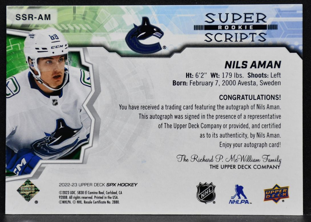 2022-23 SPx Rookie Superscripts Nils Aman SSR-AM Vancouver Canucks RC Auto