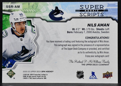 2022-23 SPx Rookie Superscripts Nils Aman SSR-AM Vancouver Canucks RC Auto