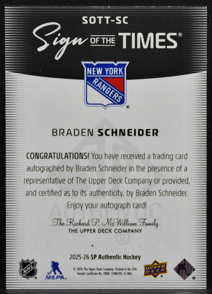 2025-26 SP Authentic Sign Of The Times Inscribed Black Schneider Auto 04/25 9737