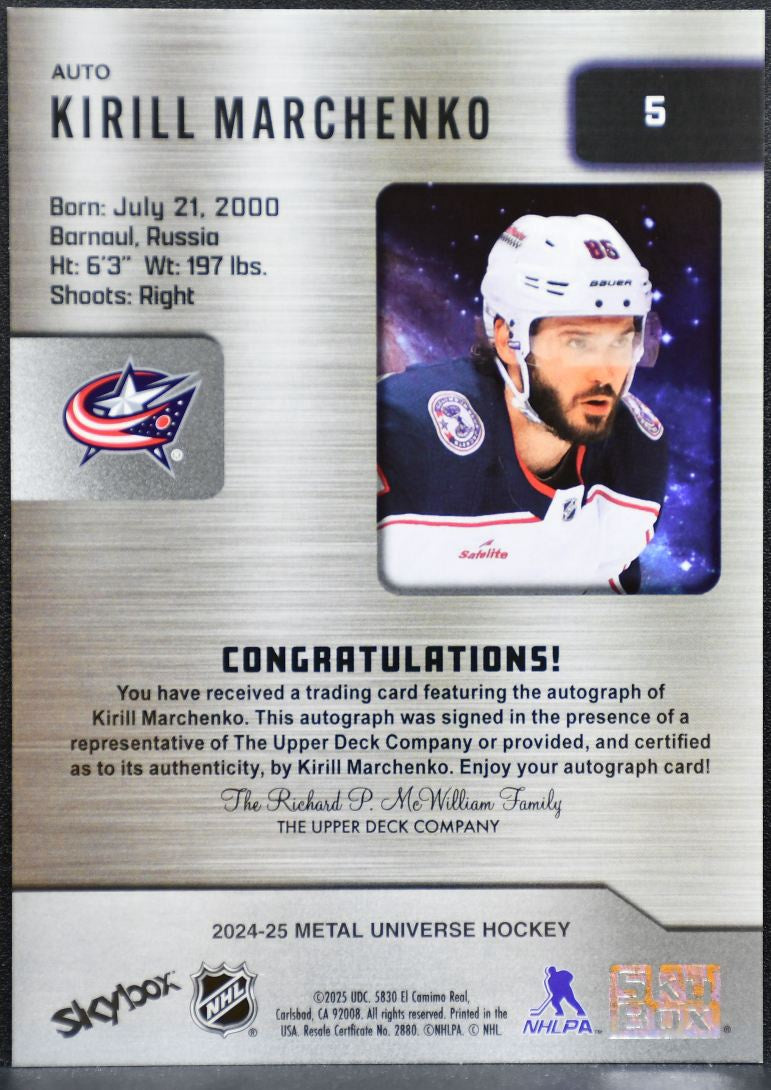 2024-25 SkyBox Metal Universe Base Autographs Kirill Marchenko Jackets Auto 5134