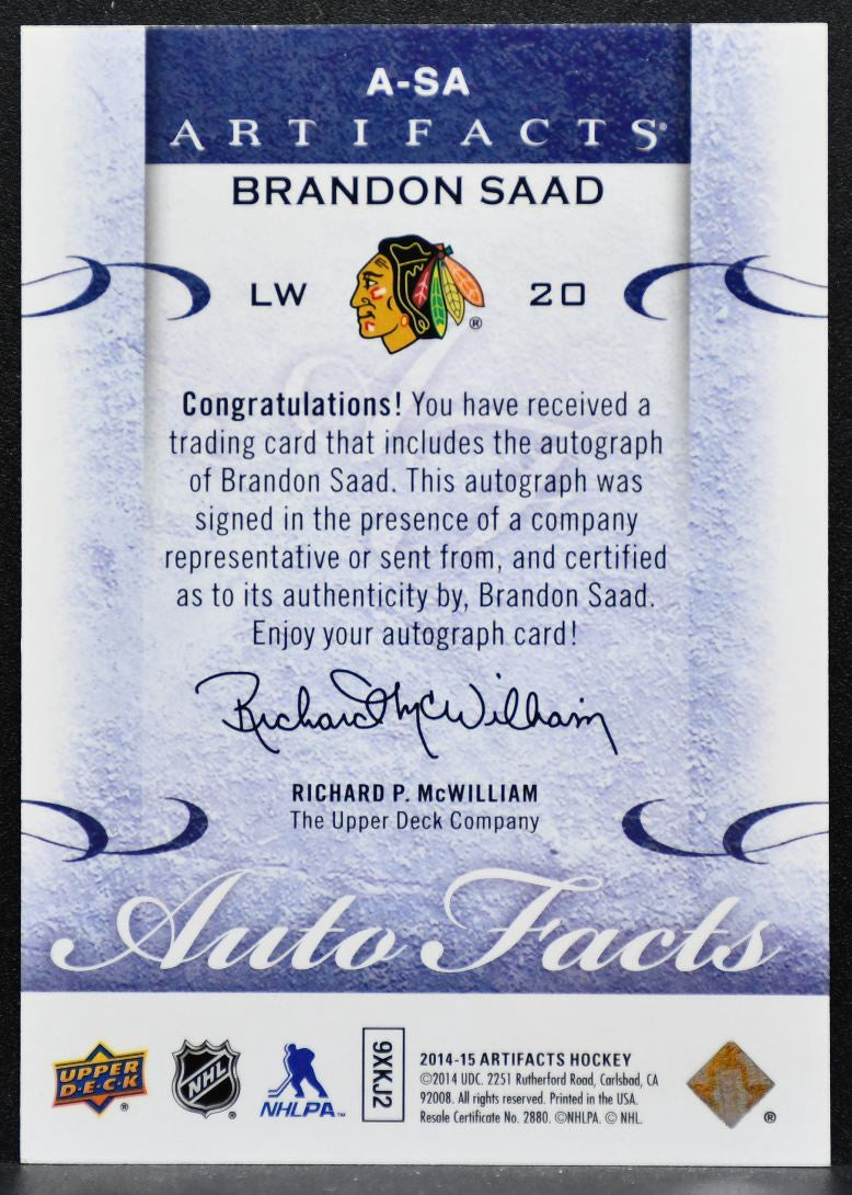 2014-15 Upper Deck Artifacts Auto Facts Brandon Wong A-SA Blackhawks Auto 5924