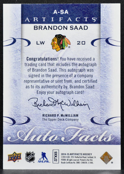 2014-15 Upper Deck Artifacts Auto Facts Brandon Wong A-SA Blackhawks Auto 5924