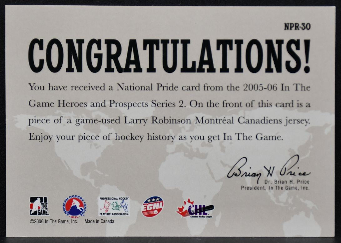 2005-06 In The Game Heroes and Prospects National Pride Robinson Jersey 8425