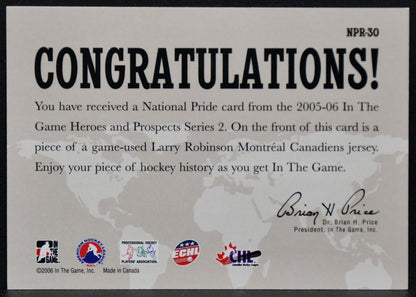 2005-06 In The Game Heroes and Prospects National Pride Robinson Jersey 8425