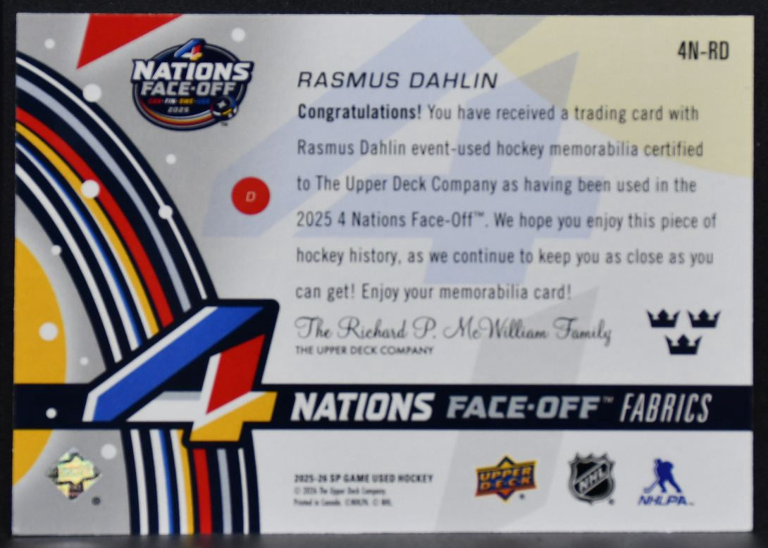 2025-26 SP Game Used 4 Nations Face Off Fabrics Rasmus Dahlin 4N-RD Jersey 6889