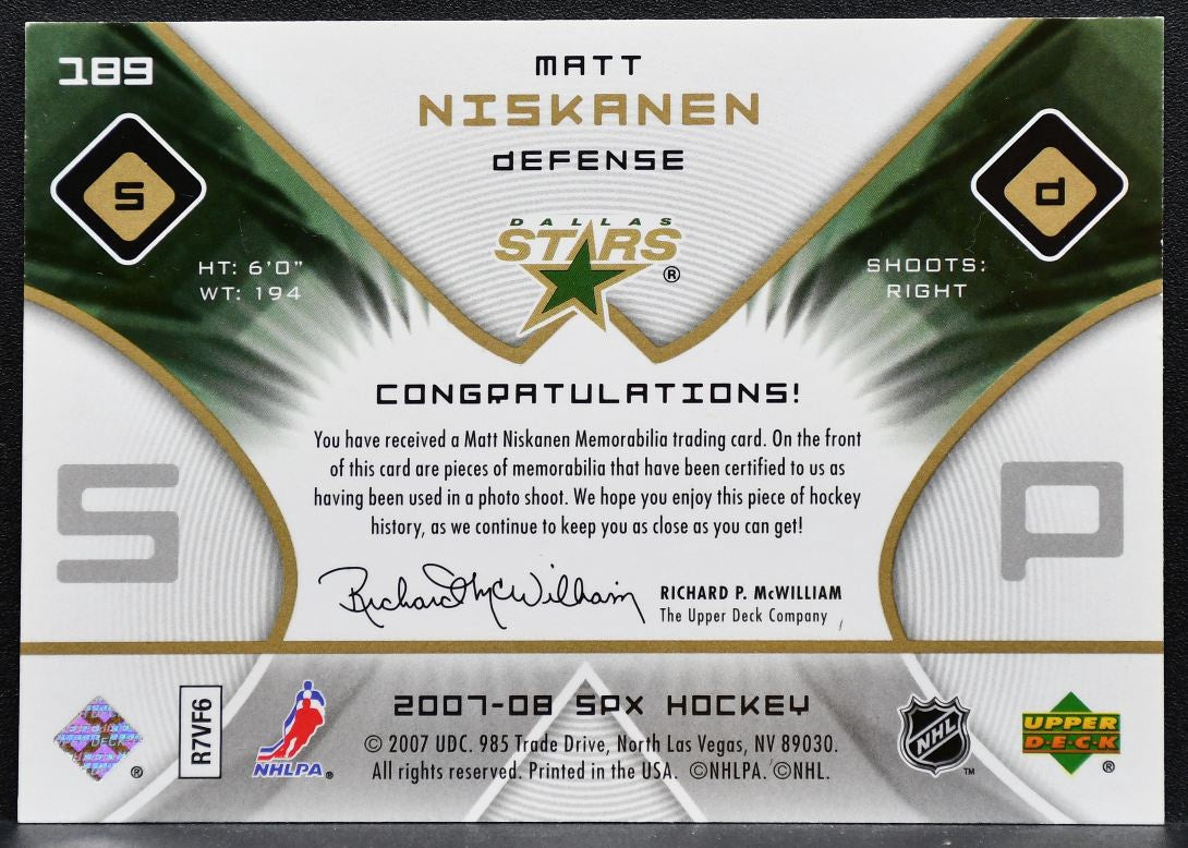 2007-08 SPx Rookie Jersey Matt Niskanen Dallas Stars RC 1594/1599 Jersey 0165