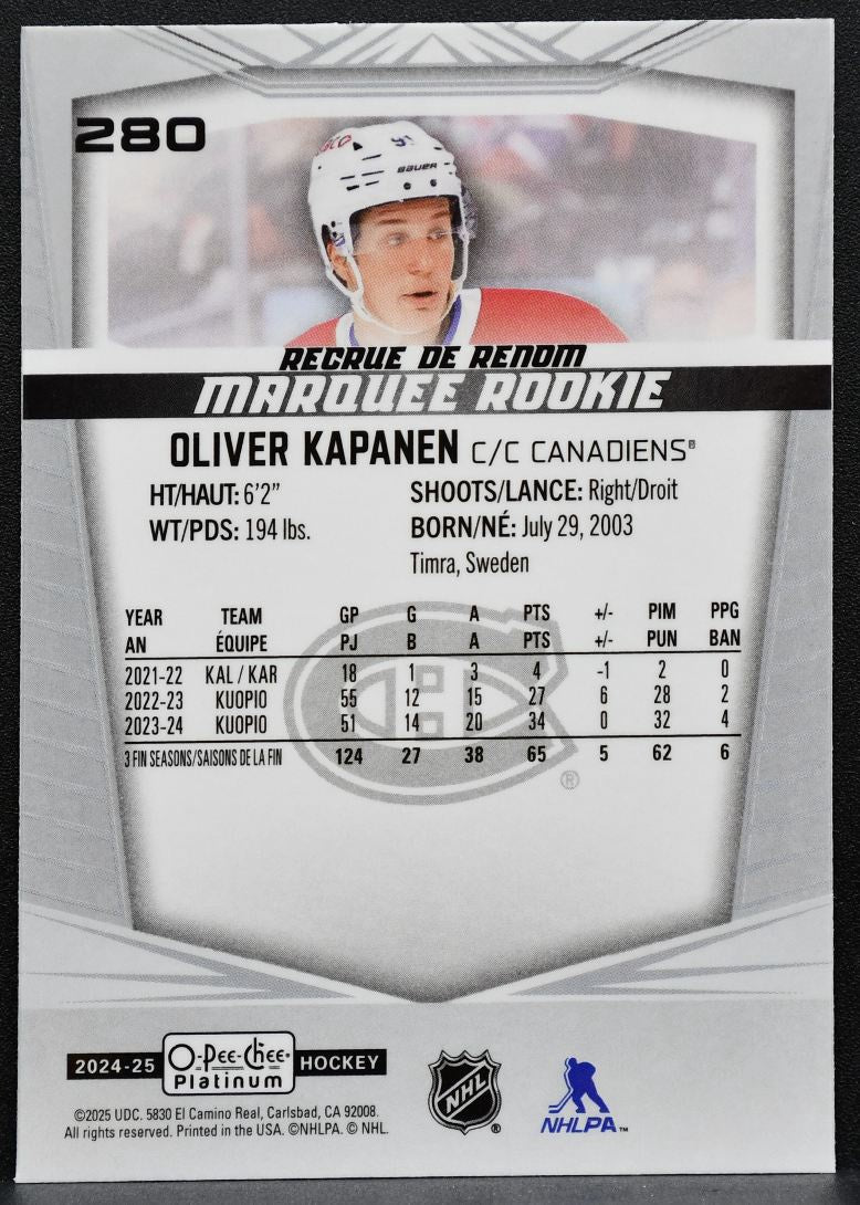 2024-25 O-Pee-Chee Platinum Marquee Rookie Oliver Kapanen 280 Canadiens RC 9379