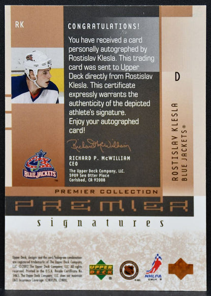 2002-03 UD Premier Collection Klesla 143 Blue Jackets Auto 001/100 9109