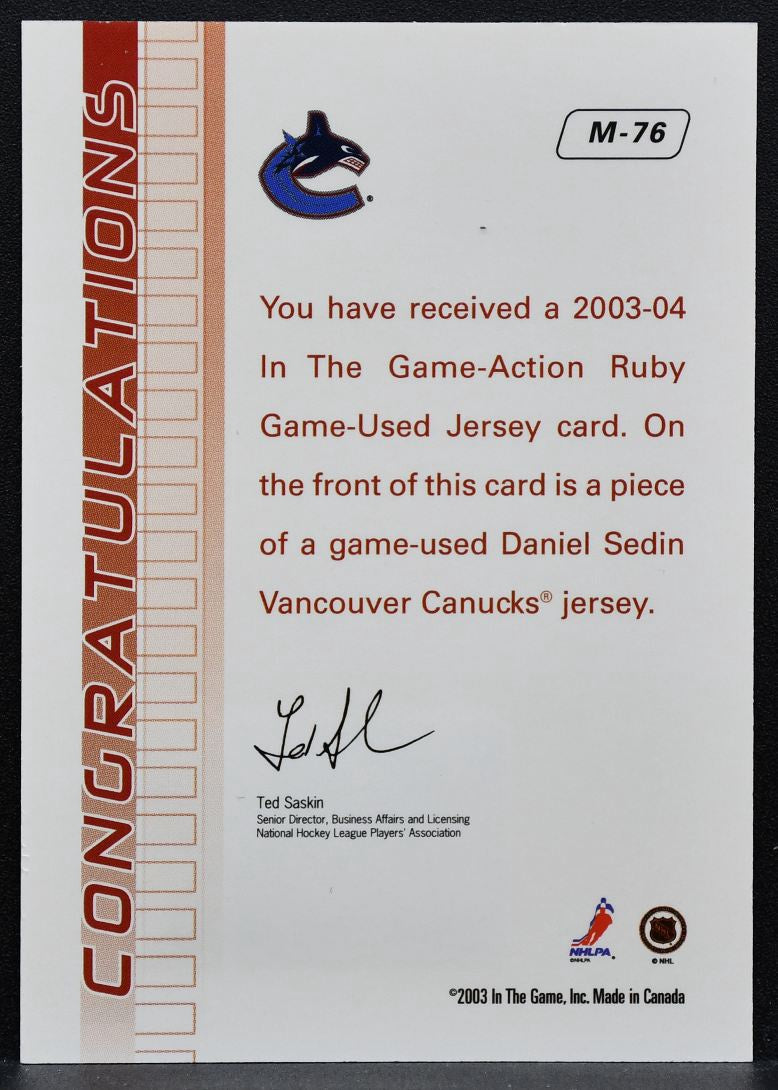 2003-04 In The Game Action Ruby Jerseys Daniel Sedin M-76 Canucks Jersey 0925
