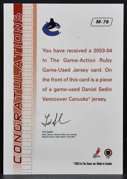 2003-04 In The Game Action Ruby Jerseys Daniel Sedin M-76 Canucks Jersey 0925