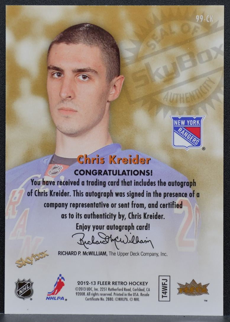 2012-13 Fleer Retro Autographics 1999 Chris Kreider New York Rangers Auto 9244