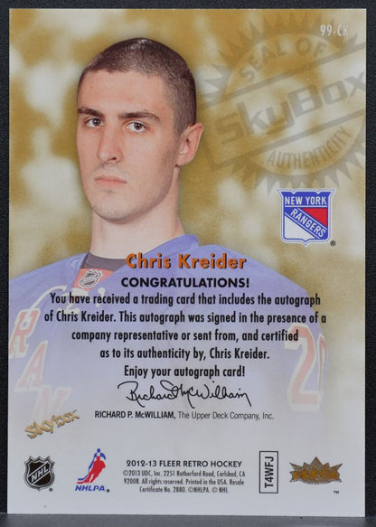 2012-13 Fleer Retro Autographics 1999 Chris Kreider New York Rangers Auto 9244