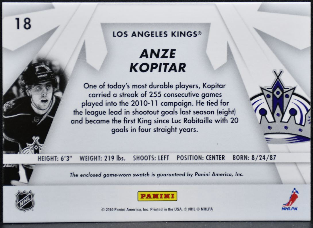2010-11 Donruss Boys of Winter Jersey Anze Kopitar 18 Kings Jersey 1082