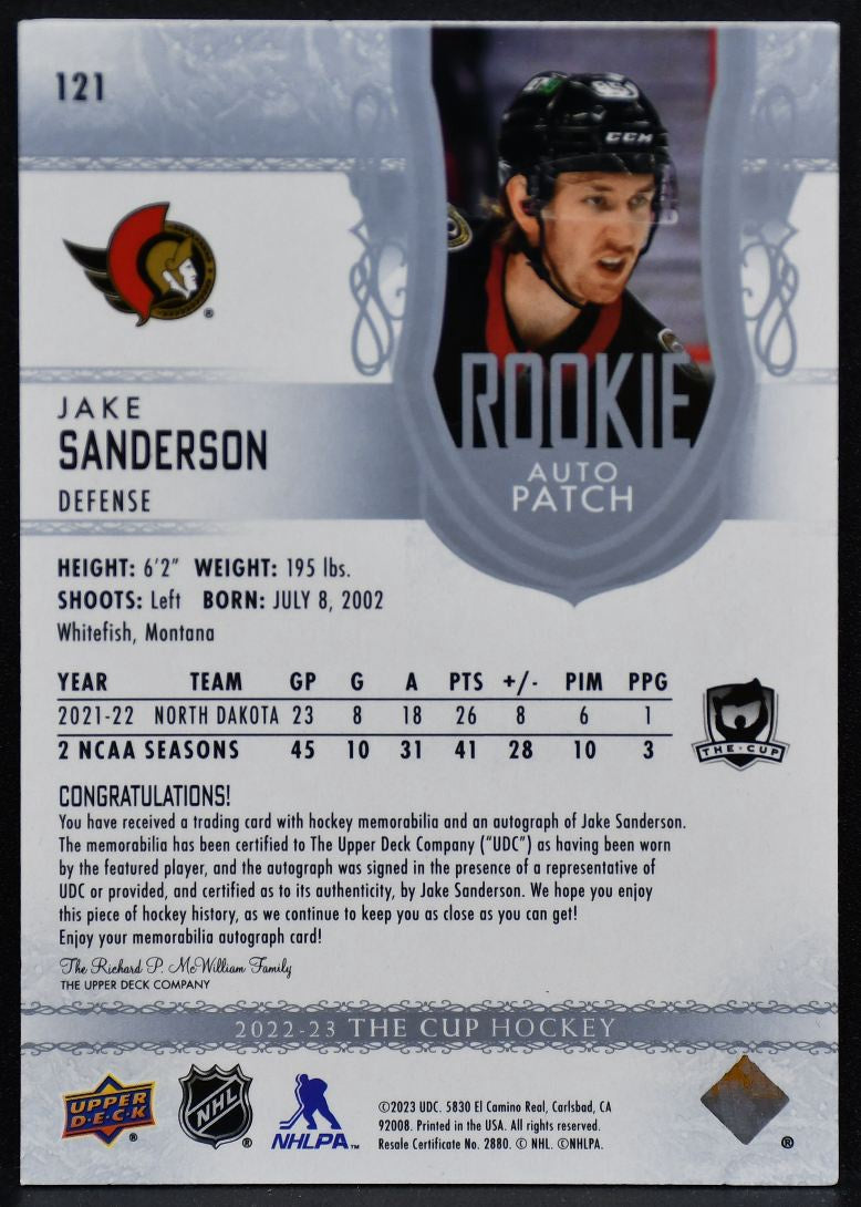 2022-23 UD The Cup Patch Jake Sanderson 121 Senators RC Auto 137/249 Patch 5385