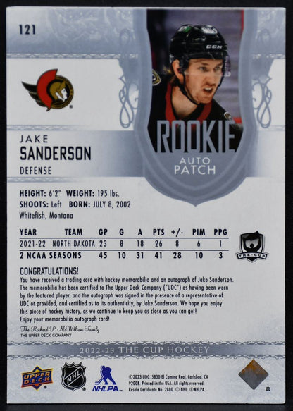 2022-23 UD The Cup Patch Jake Sanderson 121 Senators RC Auto 137/249 Patch 5385