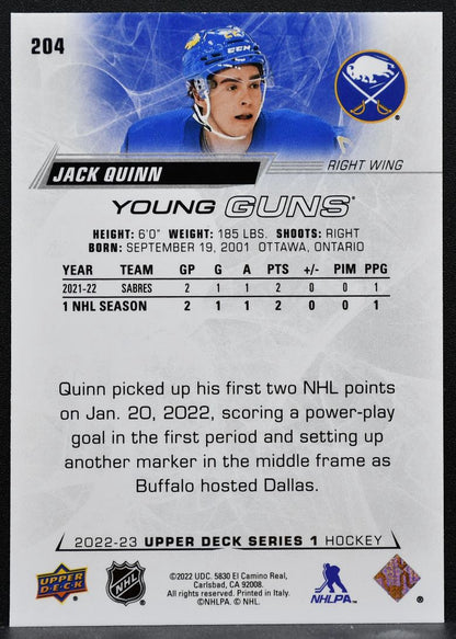 2022-23 Upper Deck Series 1 Young Guns Jack Quinn 204 Buffalo Sabres RC 6663