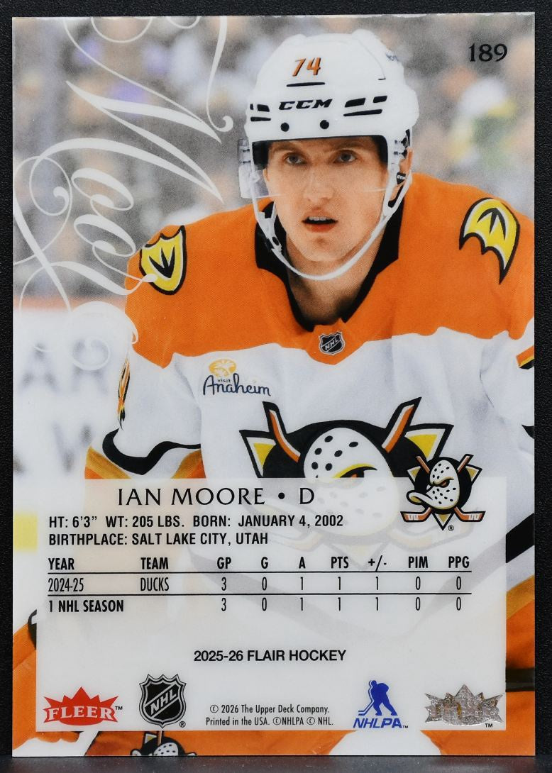 2025-26 Flair Rookie Ian Moore 189 Anaheim Ducks RC 0290