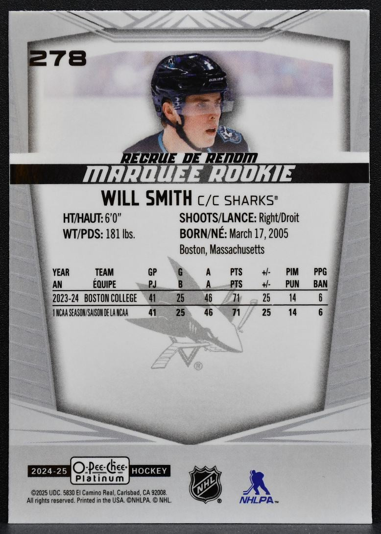 2024-25 O-Pee-Chee Platinum Marquee Rookie Will Smith 278 Sharks RC 9263