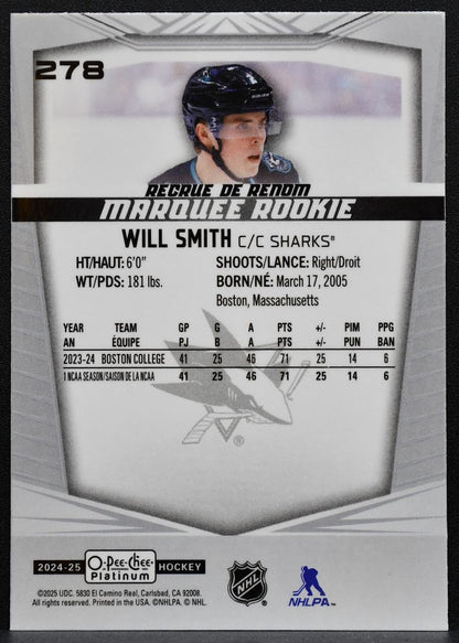 2024-25 O-Pee-Chee Platinum Marquee Rookie Will Smith 278 Sharks RC 9263